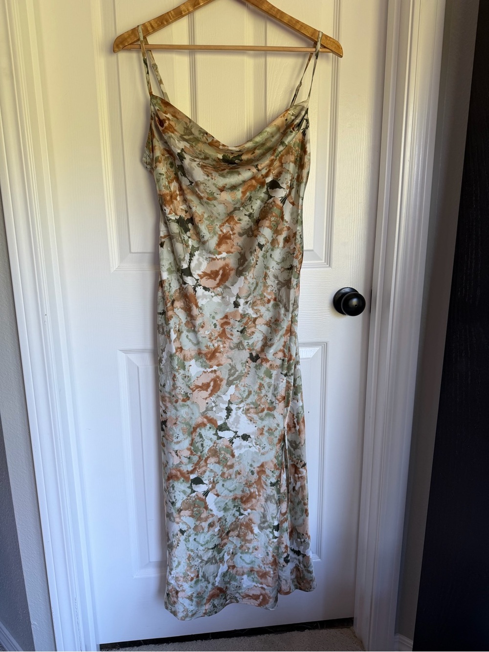 Utnisan Floral Satin Maxi Slip Dress in Sage and Tan